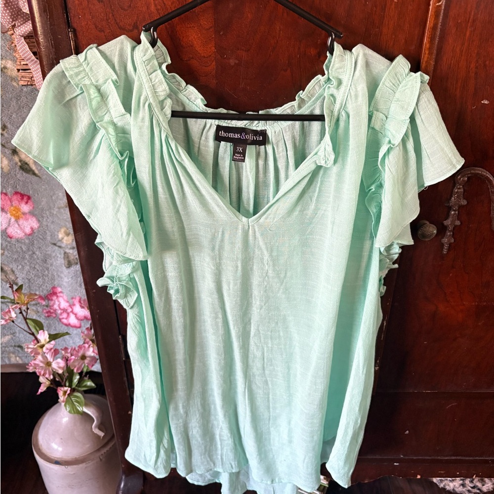 Mint Ruffle Sleeve V-Neck Blouse